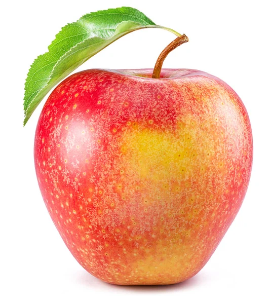 Ώριμα Κόκκινο Μήλο Πράσινο Φύλλο Που Απομονώνονται Λευκό Φόντο — Φωτογραφία Αρχείου