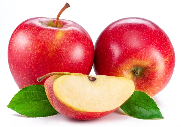 Ώριμα Κόκκινα Μήλα Και Φέτα Μήλου Που Απομονώνονται Λευκό Φόντο — Φωτογραφία Αρχείου