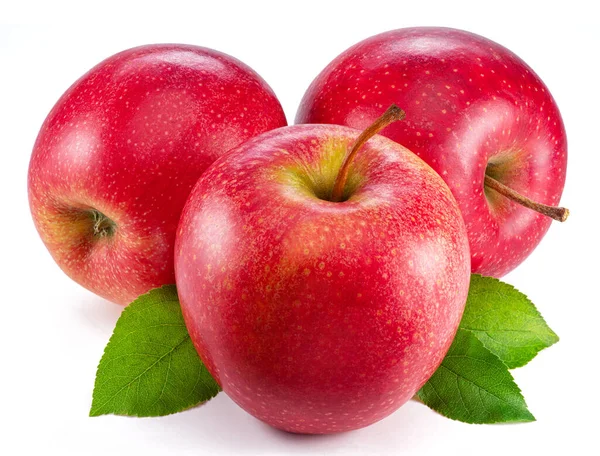 Ώριμα Κόκκινα Μήλα Πράσινα Φύλλα Που Απομονώνονται Λευκό Φόντο — Φωτογραφία Αρχείου