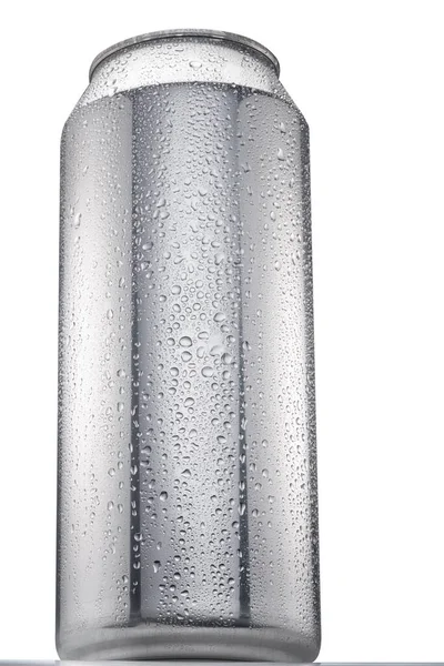 Gekoeld Zilveren Bierblikje Bedekt Met Condensatie Witte Achtergrond Knippad — Stockfoto