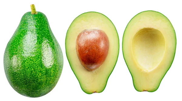 Avocadofrucht Und Avocadohälften Isoliert Auf Weißem Hintergrund Datei Enthält Schnittpfade — Stockfoto