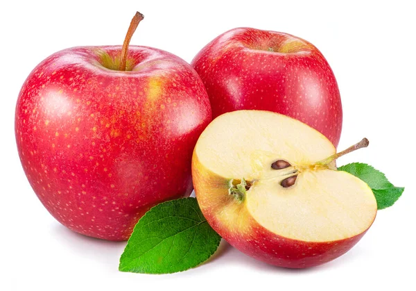 Mogna Röda Äpplen Och Äpple Skiva Isolerad Vit Bakgrund — Stockfoto