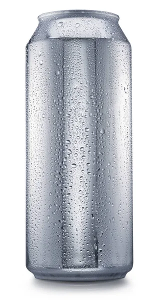 Gekoeld Zilveren Bierblikje Bedekt Met Condensatie Witte Achtergrond Knippad — Stockfoto