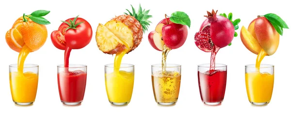 Kolekcja Szklanek Soku Świeżego Soku Wlewającego Się Owoców Szklanek Izolowanych — Zdjęcie stockowe