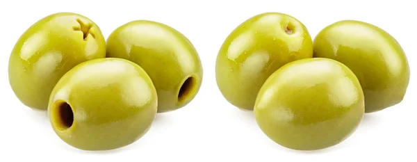 Tři Vypeckované Olivy Tři Celé Olivy Izolované Bílém Pozadí — Stock fotografie