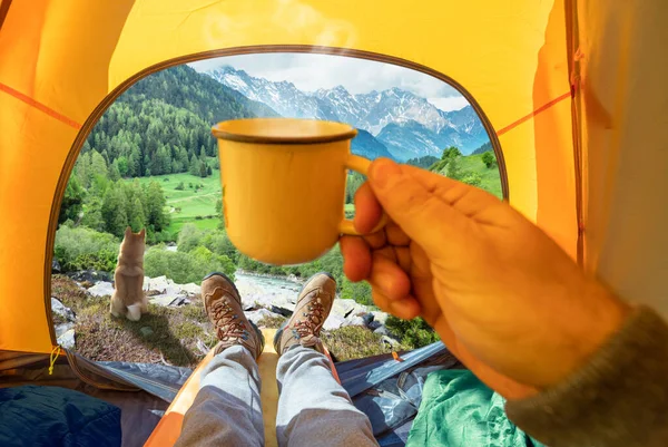 テントへのオープン入り口を通って手に熱い飲み物と山の頂上の素晴らしい景色のカップ 犬と一緒にロマンチックなハイキングやキャンプの美しさ — ストック写真