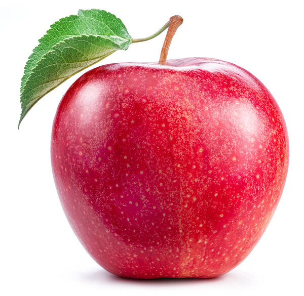 Спелые идеальное красное яблоко с зеленым листом изолированы на белом фоне.