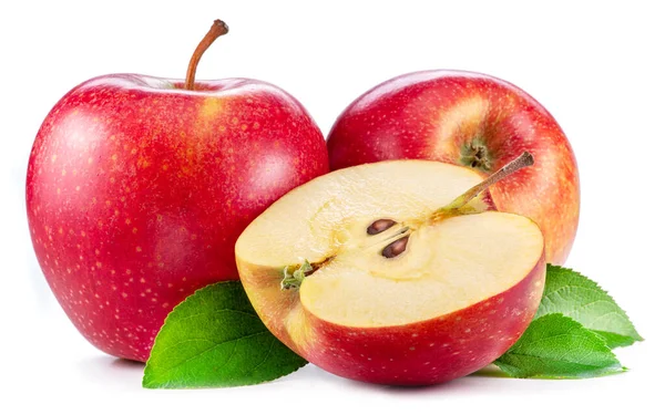 Olgun Kırmızı Elmalar Elma Dilimleri Beyaz Arka Planda Izole Edilmiş — Stok fotoğraf