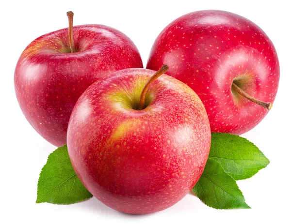 Ώριμα Κόκκινα Μήλα Πράσινα Φύλλα Που Απομονώνονται Λευκό Φόντο — Φωτογραφία Αρχείου