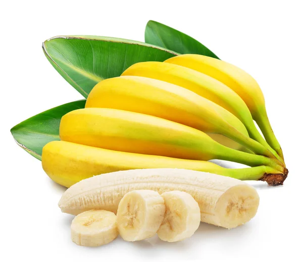 Banana Bunch Leaves Peeled Banana Cuts Isolated White Background — Stock Photo, Image