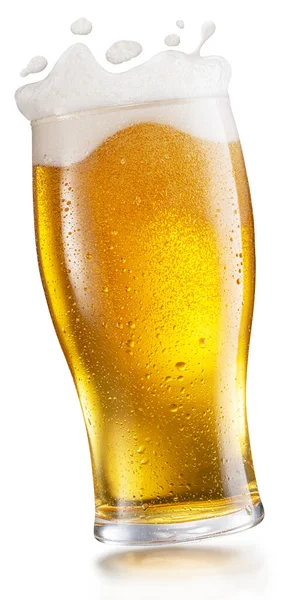 Copo Cerveja Gelado Gotas Espuma Salpicadas Arquivo Contém Caminho Recorte — Fotografia de Stock