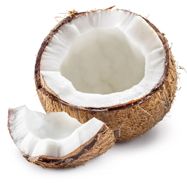 白い背景にココナッツの一片で砕いたココナッツフルーツ ファイルにクリッピングパスが含まれています — ストック写真