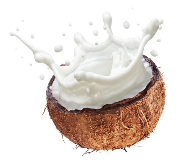 Mleko Kokosowe Wylatujące Rozszczepionych Owoców Kokosowych Plik Zawiera Ścieżkę Wycinania — Zdjęcie stockowe