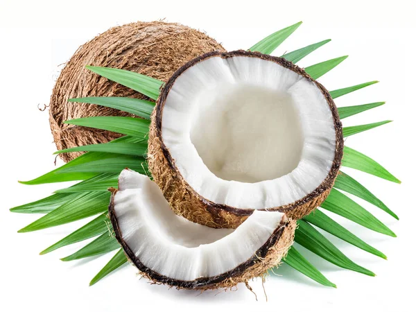 Rissige Kokosfrucht Mit Einem Stück Kokosnuss Über Grünen Blättern Auf — Stockfoto