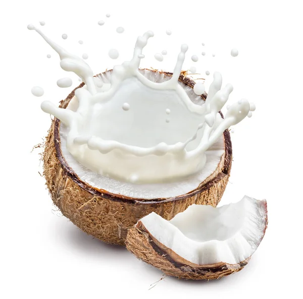 Kokosové Mléko Vylétávající Popraskaného Kokosového Ovoce Kousek Ovoce Poblíž Soubor — Stock fotografie