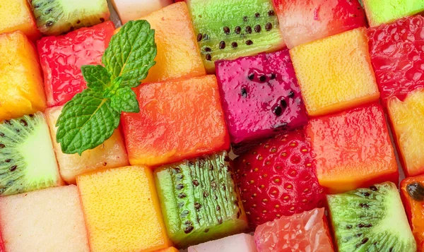 水果之谜色彩艳丽的食物背景或不同水果立方排列的图案 饮食概念 — 图库照片