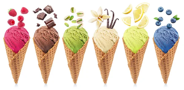 Набір Різних Типів Морозива Вафельних Конусах Інгредієнтами Морозива Фрукти Ягоди — стокове фото