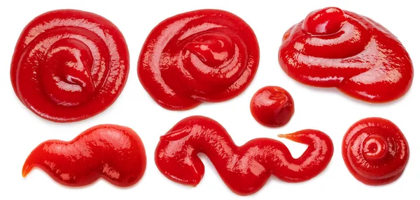 Tomatensaus Ketchup Vlekken Geïsoleerd Witte Achtergrond Vlakke Plaat — Stockfoto