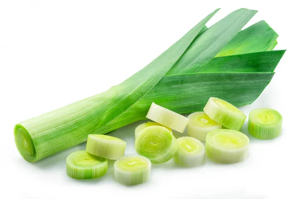 Fresh Green Leek Stems Leek Slices Isolated White Background — Stock Photo, Image