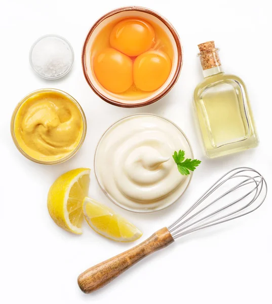 Homemade Mayonnaise Mayo Ingredients White Background Flat Lay — Stock Photo, Image