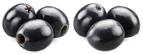 Dvě Skupiny Vypeckovaných Černých Oliv Celých Vypeckovaných Oliv Izolovaných Bílém — Stock fotografie