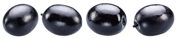 Τέσσερις Ολόκληρες Μαύρες Ελιές Απομονωμένες Λευκό Φόντο Διαδρομή Αποκοπής — Φωτογραφία Αρχείου