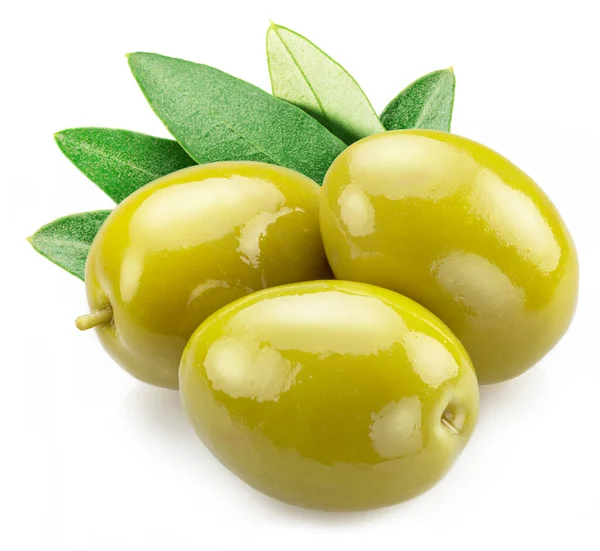 Drei Ganze Grüne Oliven Mit Blättern Auf Weißem Hintergrund — Stockfoto