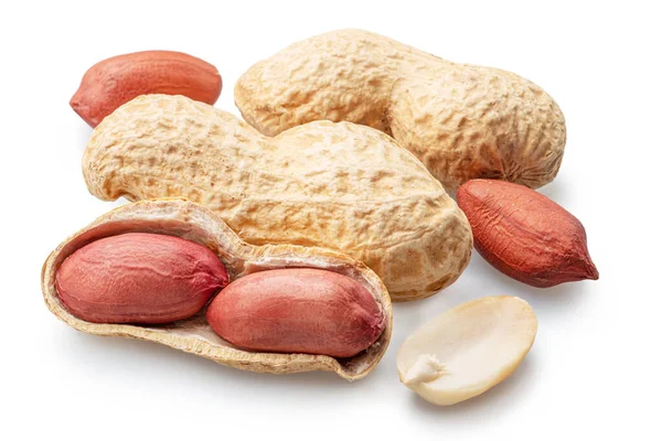 Erdnüsse Ganz Und Geknackt Isoliert Auf Weißem Hintergrund Steilpfad — Stockfoto