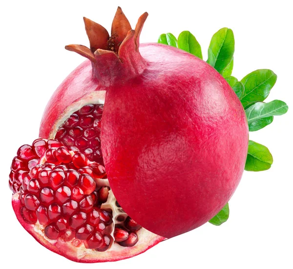 Juicy Ripe Pomegranate Fruit Leaves Piece Pomegranate Isolated White Background — Stock Photo, Image