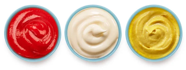 Ketchup Musztarda Sosy Majonezowe Ceramicznej Niebieskiej Misce Białym Tle Plik — Zdjęcie stockowe