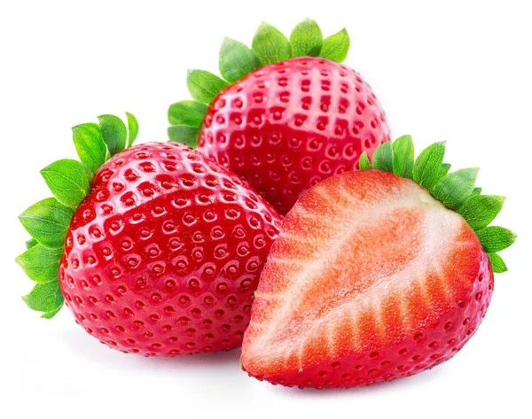 Reife Perfekte Erdbeeren Und Kreuzschnitt Der Erdbeere Isoliert Auf Weißem — Stockfoto