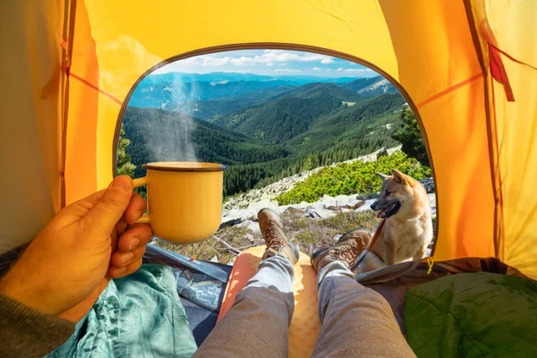 テントの入り口を通って手に熱い飲み物と山の頂上の素晴らしい景色のカップ 犬と一緒にロマンチックなハイキングやキャンプの美しさ — ストック写真