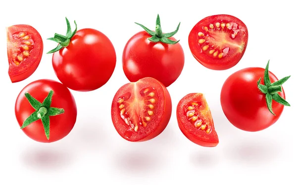 Rijp Kerstomaten Tomatenplakjes Die Zweven Lucht Bestand Bevat Clipping Pad — Stockfoto