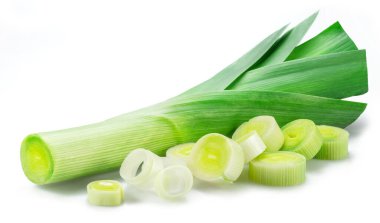 Fresh green leek stem and leek slices isolated on white background. clipart