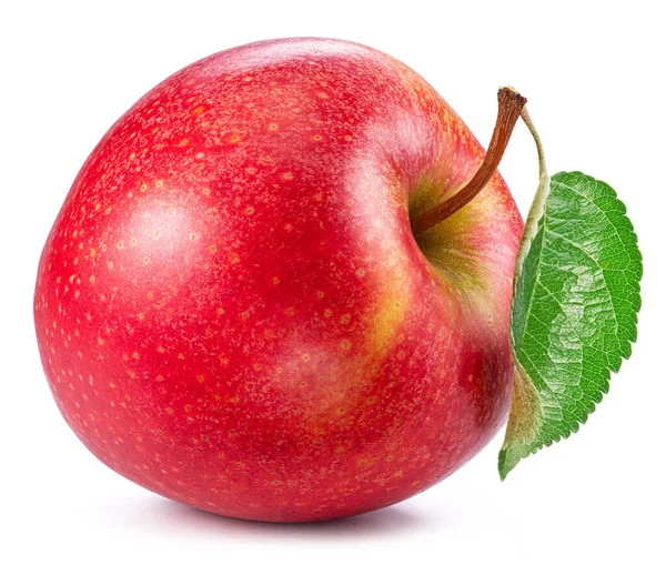 緑の葉が白い背景に隔離された完璧な赤いリンゴを熟す — ストック写真