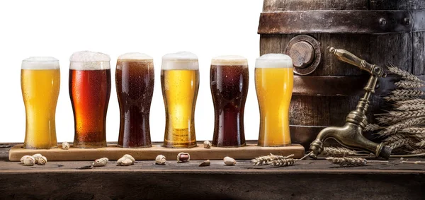 Collection Different Chilled Beer Beer Cask Isolated White Background — Stock Photo, Image