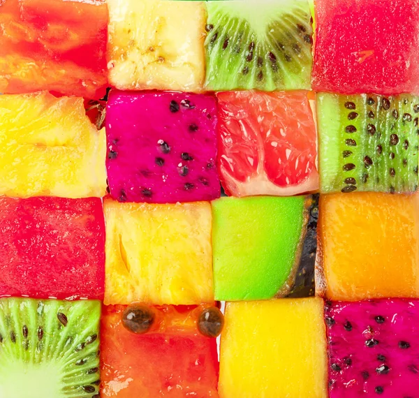 Een Fruitpuzzel Kleurrijke Voedsel Achtergrond Patroon Gerangschikt Van Verschillende Fruitblokjes — Stockfoto