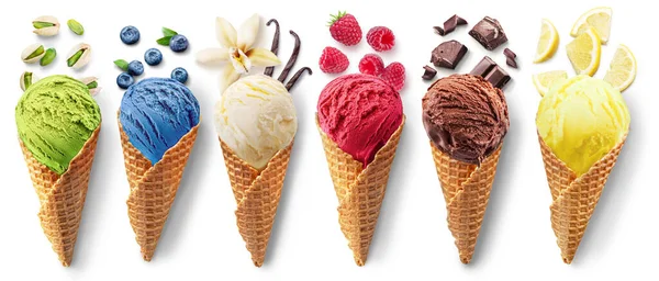 Sada Různých Druhů Zmrzlinových Kuliček Vaflovacích Kornoutech Zmrzlinovými Ingrediencemi Ovocem — Stock fotografie