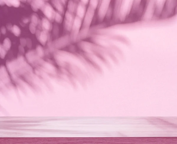 Размытая Тень Тропических Пальмовых Листьев Розовой Стене Столешница Переднем Плане — стоковое фото