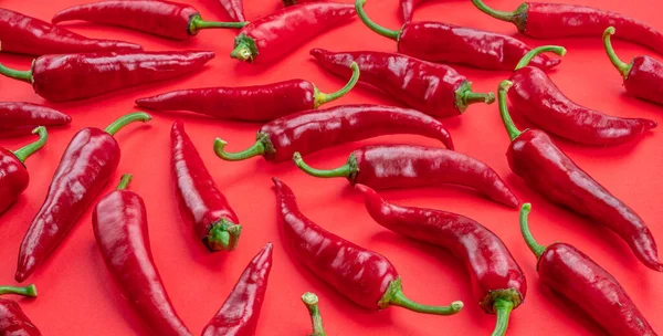 Lot Fresh Red Chilli Peppers Isolated Red Background — Stock Photo, Image