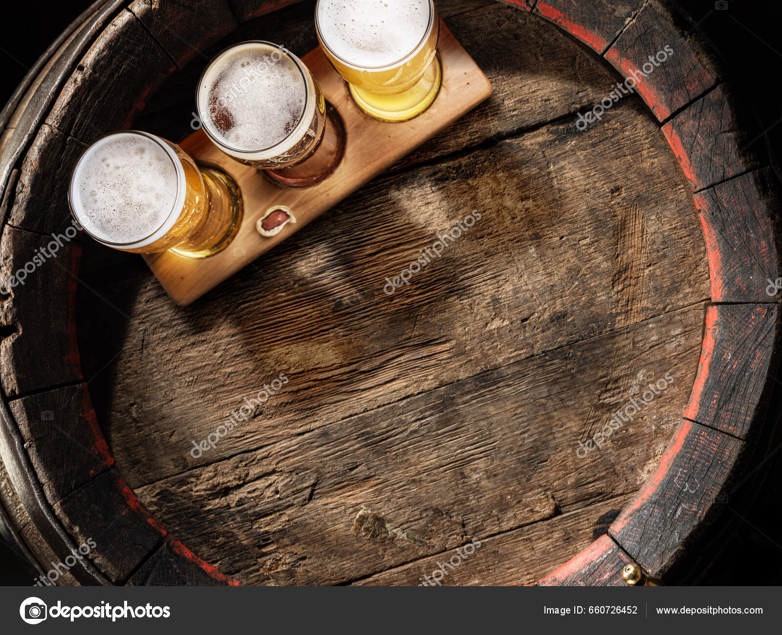 Three Glasses Lager Beer Old Wooden Barrel Flat Layer Stock Photo by  ©Valentyn_Volkov 660726452