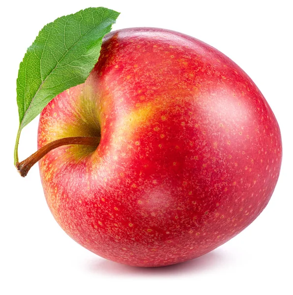 Moget Rött Äpple Med Grönt Blad Isolerad Vit Bakgrund — Stockfoto