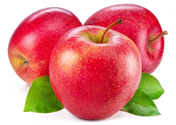 Rijp Rode Appels Met Groene Bladeren Geïsoleerd Witte Achtergrond — Stockfoto