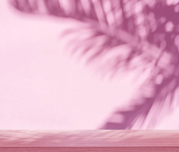 Sombra Turva Folhas Palmeira Tropicais Parede Rosa Tampo Mesa Primeiro — Fotografia de Stock