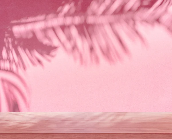 Размытая Тень Тропических Пальмовых Листьев Розовой Стене Столешница Переднем Плане — стоковое фото