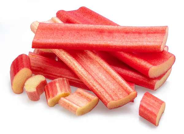 Red Rhubarb Stems Cuts Isolated White Background — Stock Photo, Image