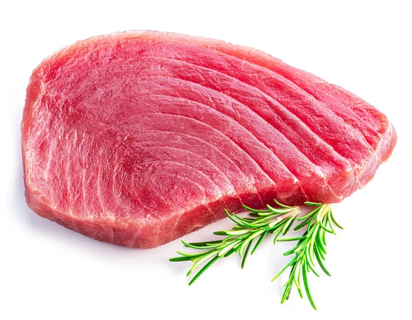 Fresh Tuna Steak Nad Rosemary Twig Isolated White Background — Stock Fotó