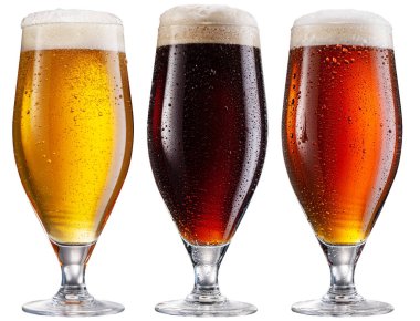 Lale bira bardakları koleksiyonu ve beyaz arka planda izole edilmiş farklı bira tipleri. Dosya kırpma yolları içeriyor.