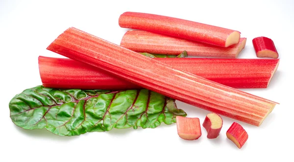 Red Rhubarb Stems Cuts Rhubarb Leaves Isolated White Background — Stock Photo, Image