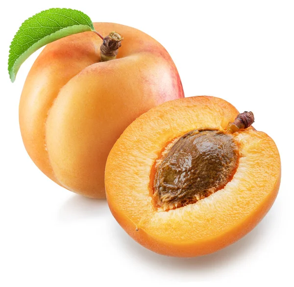 stock image Ripe apricot with green leaf and apricot half on white background. File contains clipping path.